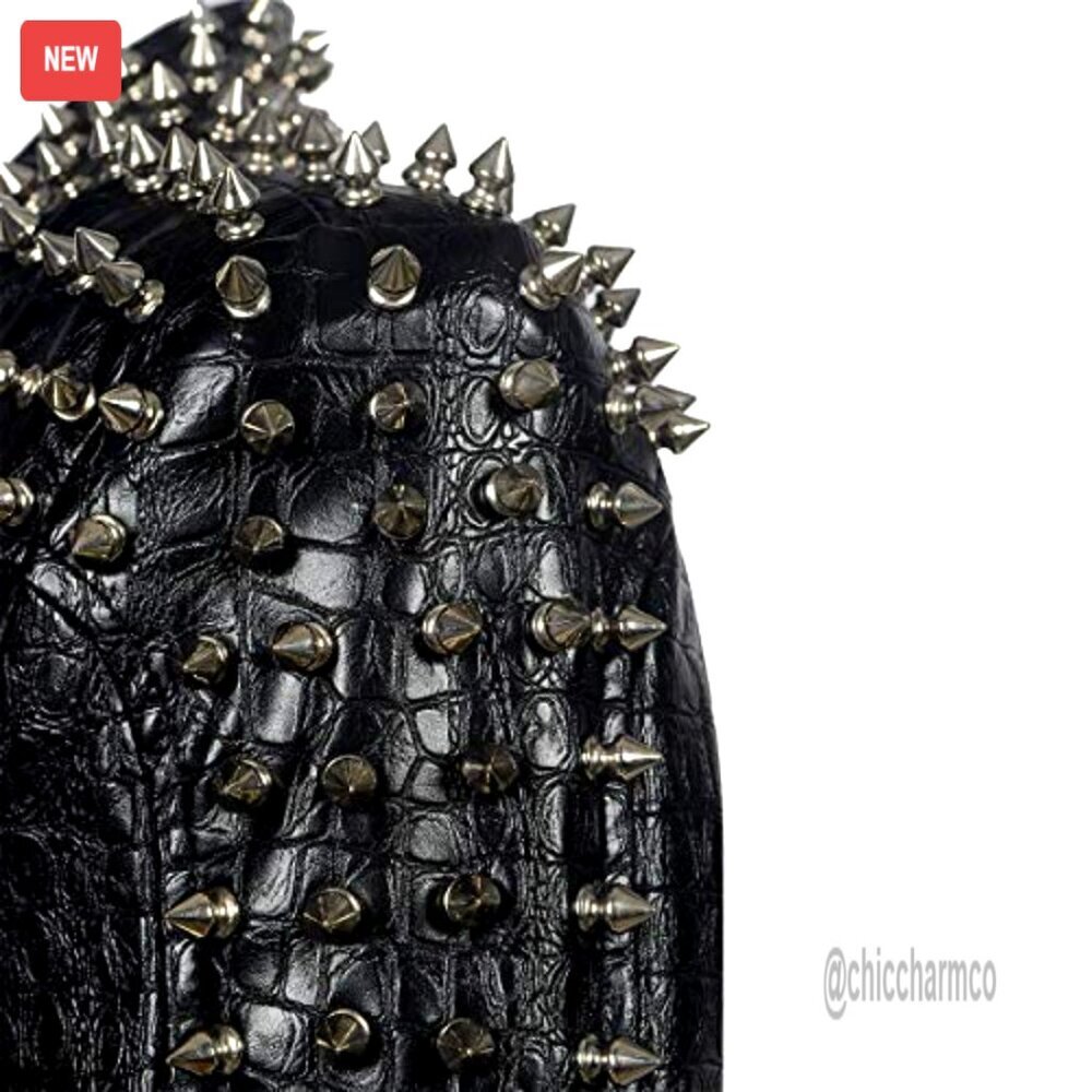 Faux Leather Motorcycle Jacket with Studded Rivets, Asymmetrical Zipper, - Picture 5 of 6